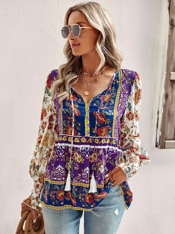 Adrielle Bohemian Casual Style Cotton Printed Long-Sleeved Shirt For Women