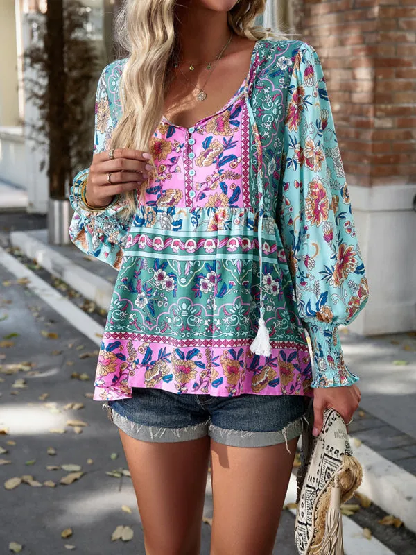 Adrielle Bohemian Casual Style Cotton Printed Long-Sleeved Shirt For Women