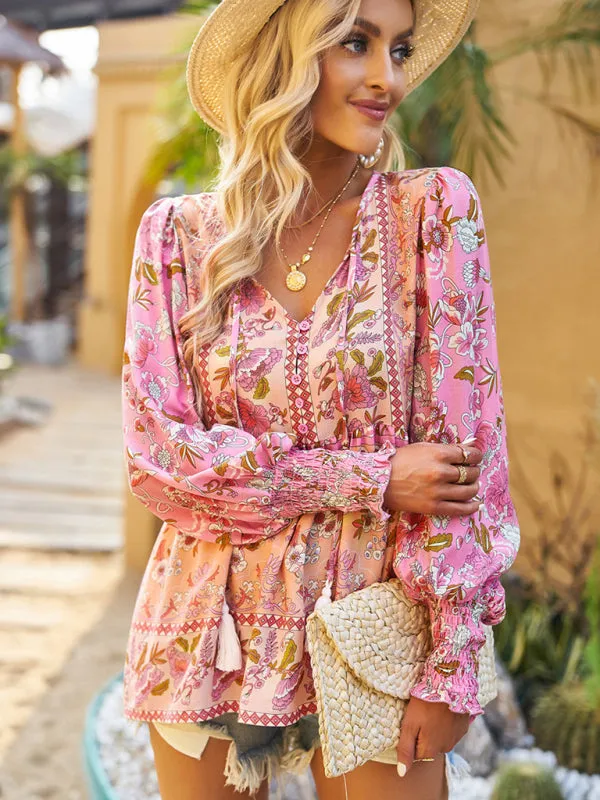 Adrielle Bohemian Casual Style Cotton Printed Long-Sleeved Shirt For Women