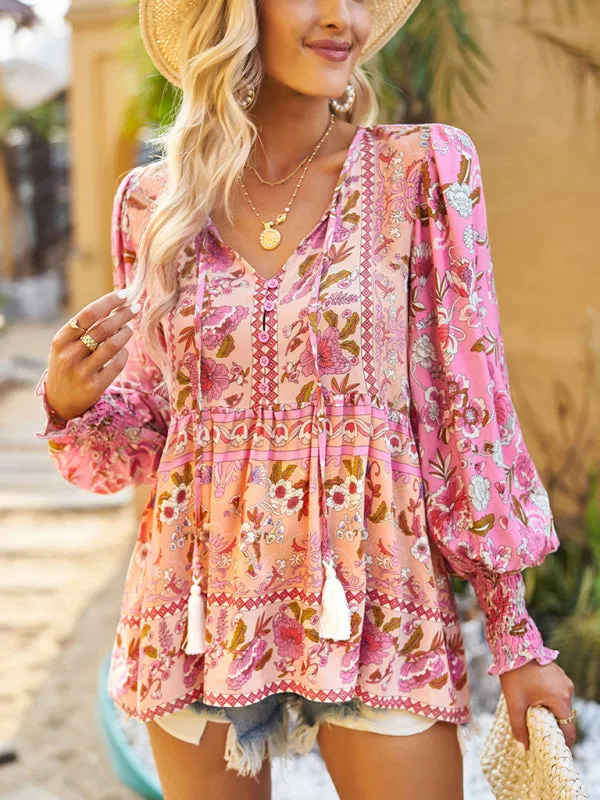 Adrielle Bohemian Casual Style Cotton Printed Long-Sleeved Shirt For Women