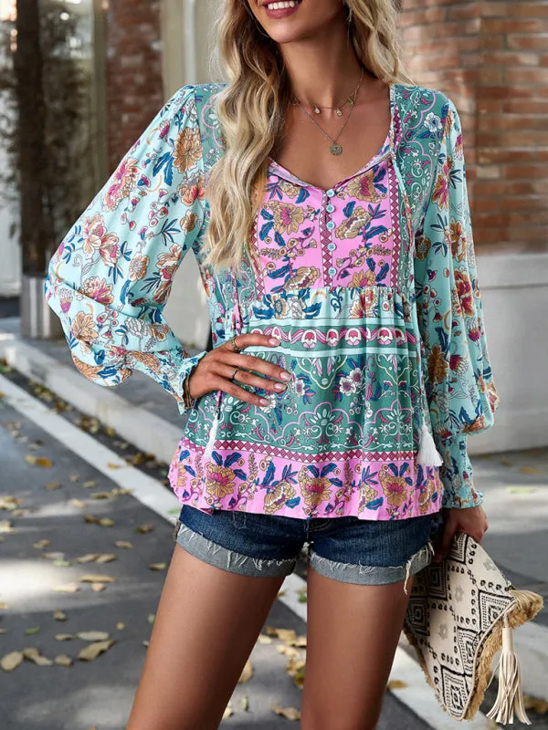 Adrielle Bohemian Casual Style Cotton Printed Long-Sleeved Shirt For Women