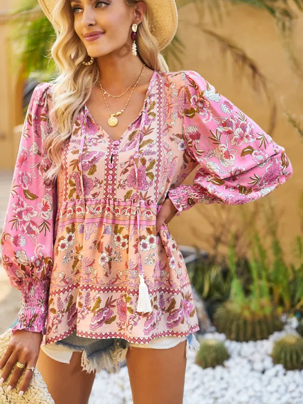 Adrielle Bohemian Casual Style Cotton Printed Long-Sleeved Shirt For Women