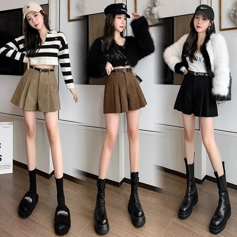 Aiertu business casual outfits High Waist Corduroy A- line Skirt Women's Age-Reducing Pleated Skirt Retro Simple Corduroy Anti-Exposure Skirt Autumn