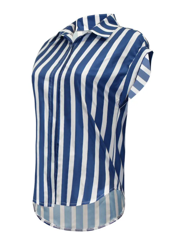 Alona Women's Woven OL Casual Style Striped Button Down Lapel Short Sleeve Shirt