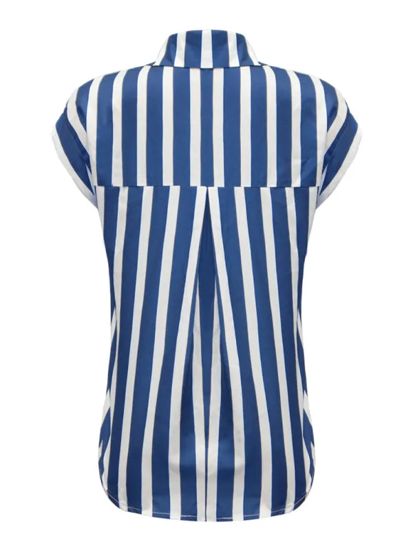 Alona Women's Woven OL Casual Style Striped Button Down Lapel Short Sleeve Shirt