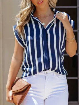 Alona Women's Woven OL Casual Style Striped Button Down Lapel Short Sleeve Shirt