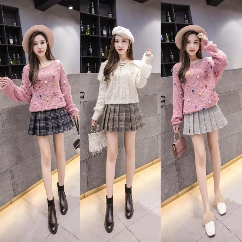 Anti wrinkle Woolen pleated skirt plaid pattern high waist A-line Uniform style for girls plus size