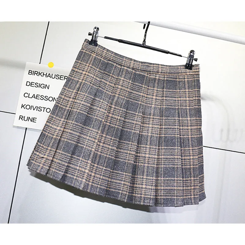 Anti wrinkle Woolen pleated skirt plaid pattern high waist A-line Uniform style for girls plus size