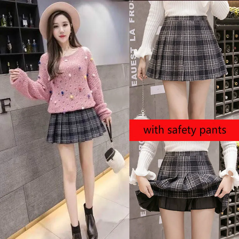 Anti wrinkle Woolen pleated skirt plaid pattern high waist A-line Uniform style for girls plus size