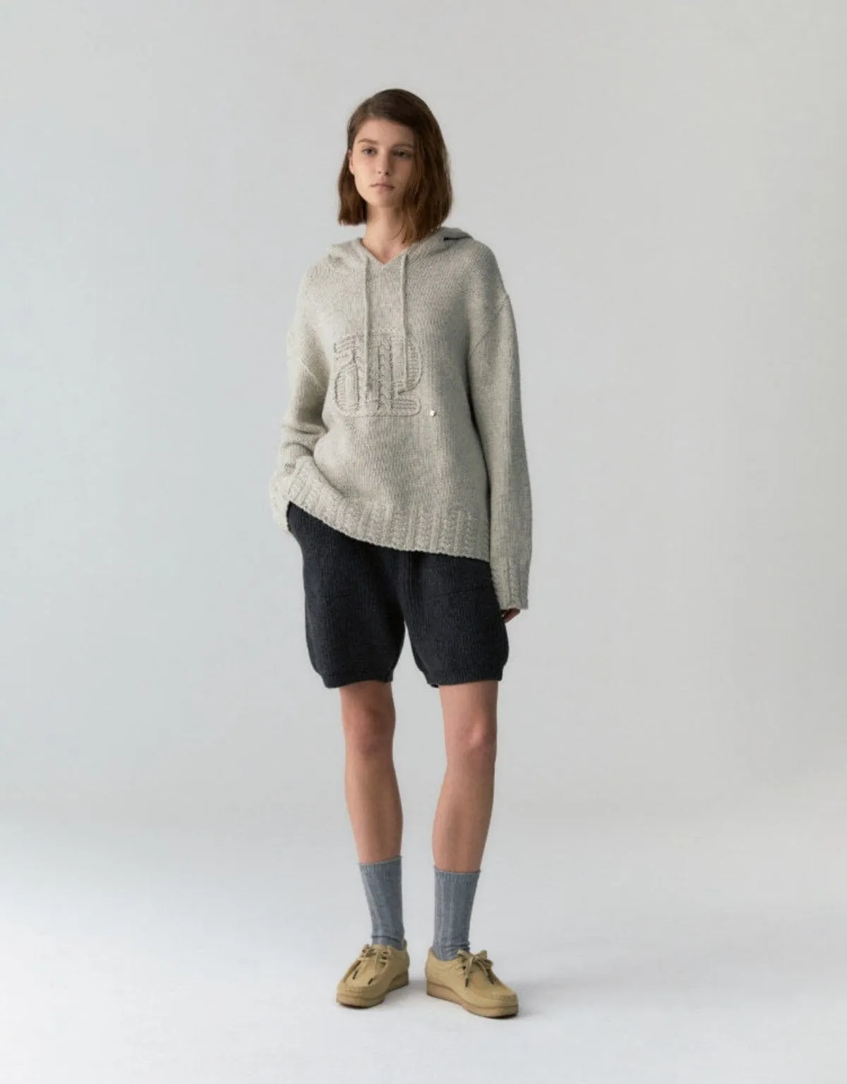 Appliqué Hoodie Pullover In Gray Beige