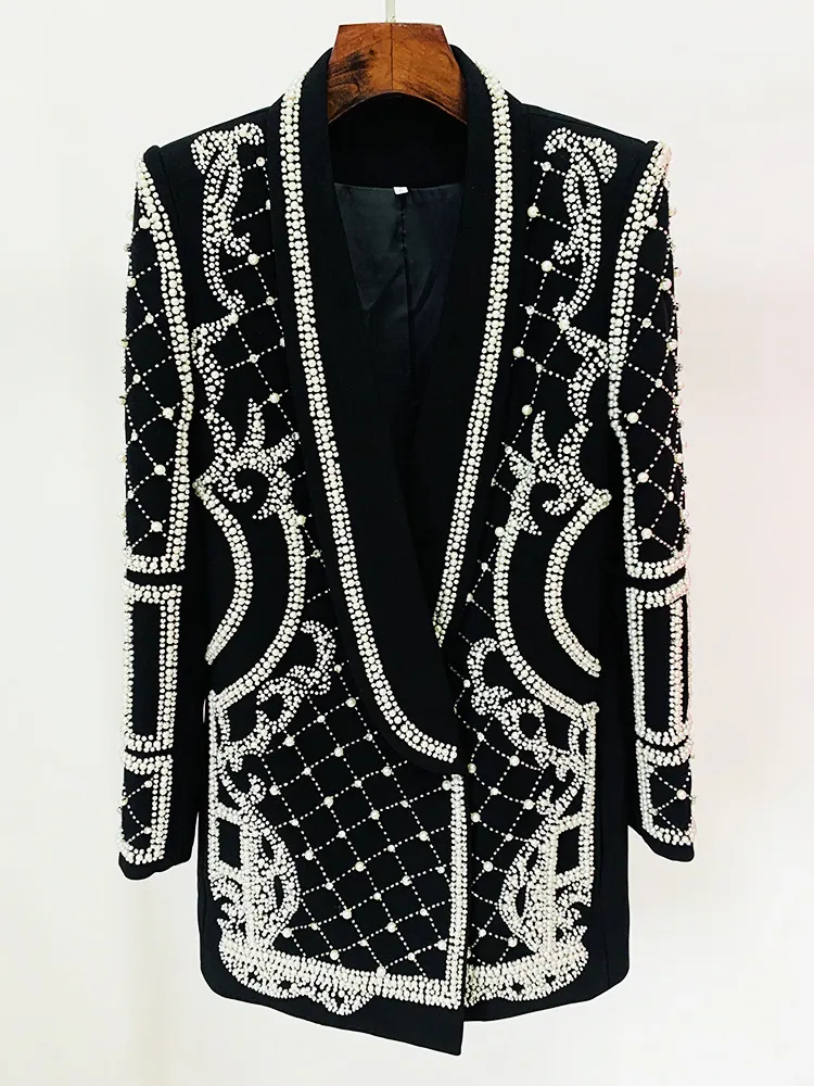 Black Diamonds Pearls Beaded Blazer