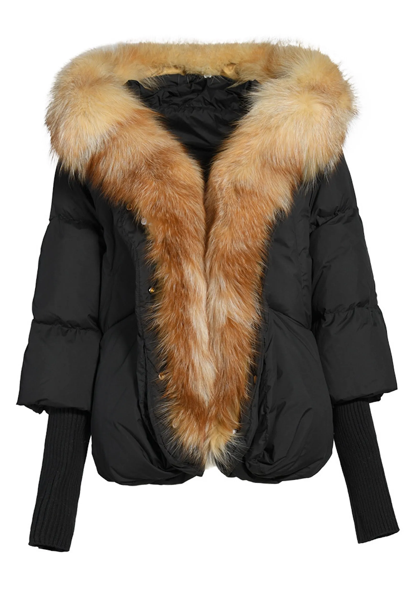 Black Down Jacket with Red Fox Fur