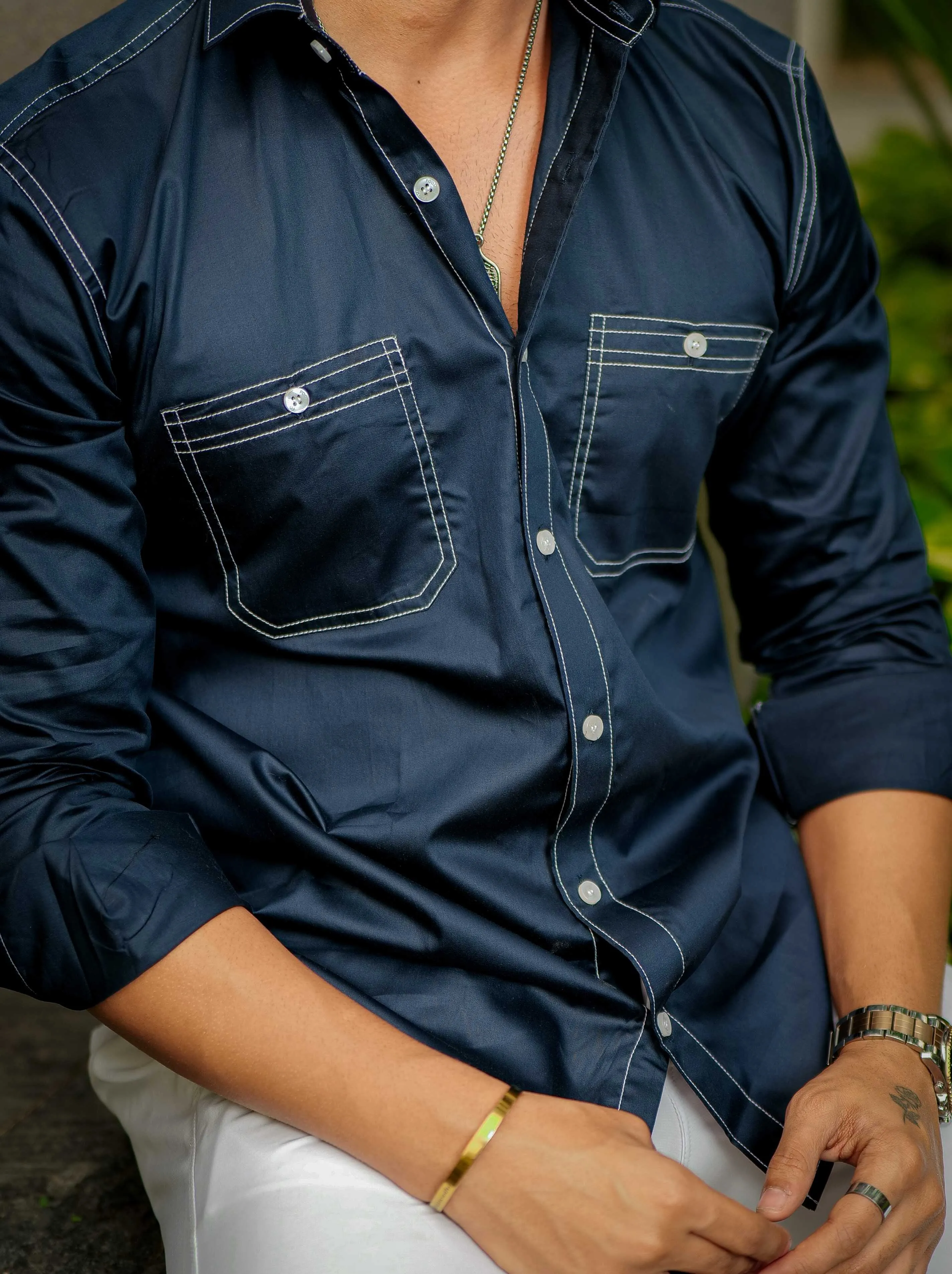 Blue Designer Giza Satin Cotton Shirt