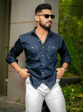 Blue Designer Giza Satin Cotton Shirt