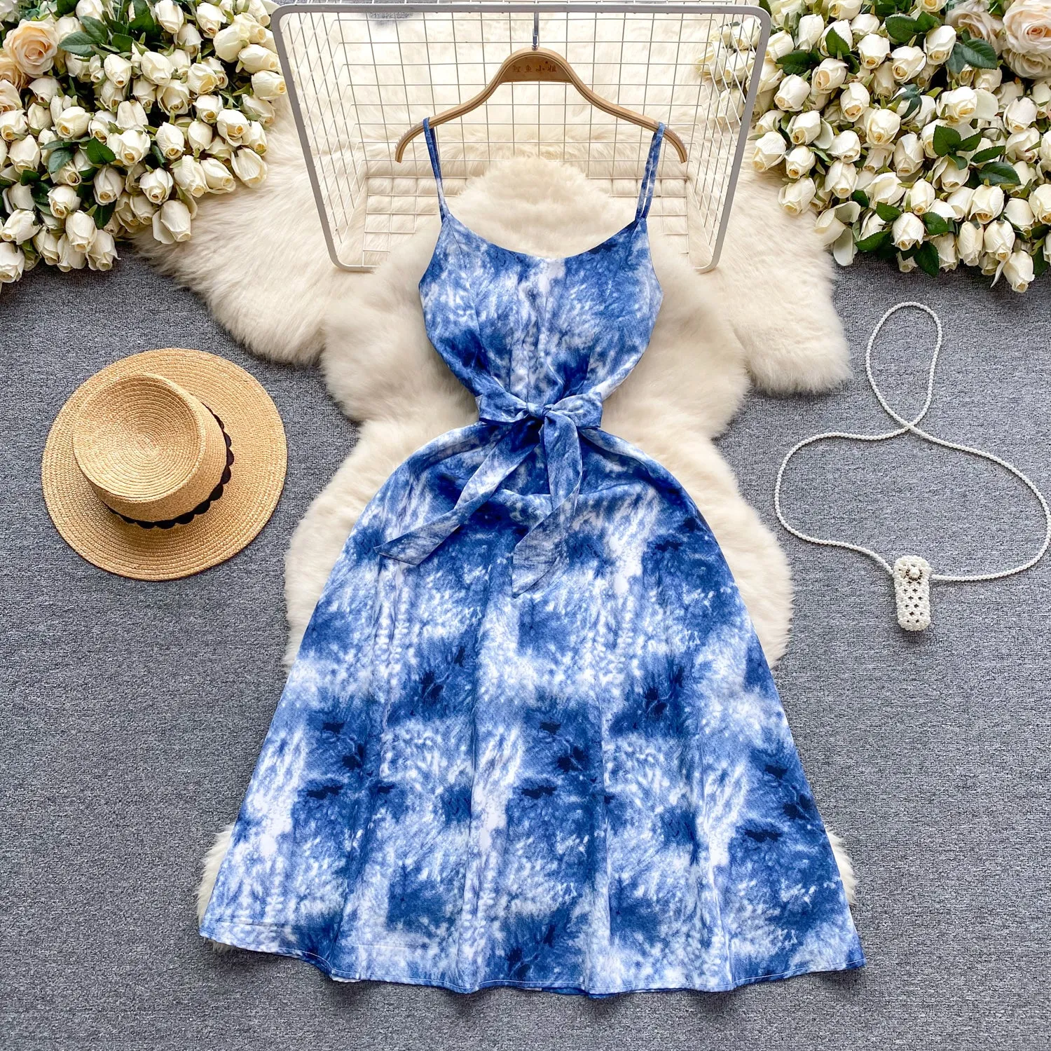 Bow-tie Tie-dye Floral Slip Dress
