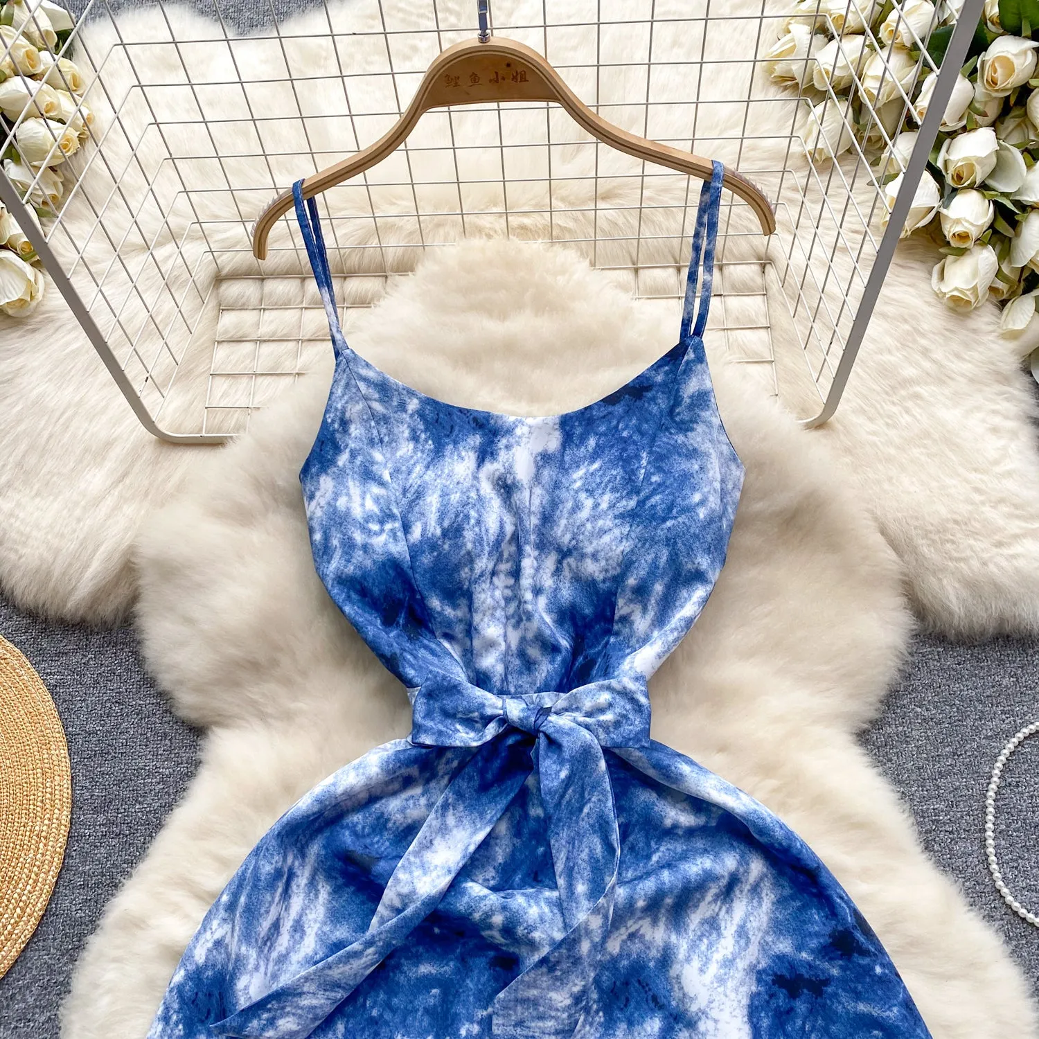 Bow-tie Tie-dye Floral Slip Dress