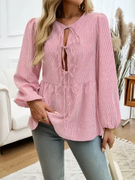 Brenna Women's Casual Loose Striped Lace-Up Shirt