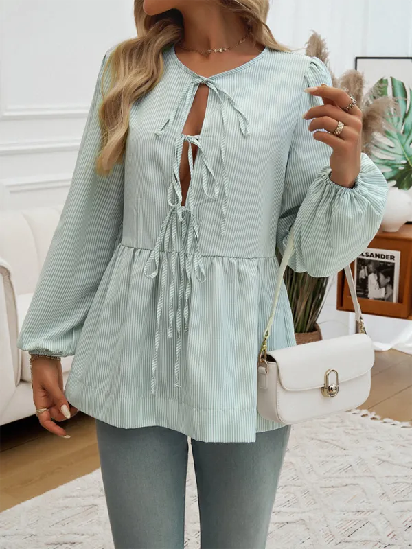 Brenna Women's Casual Loose Striped Lace-Up Shirt
