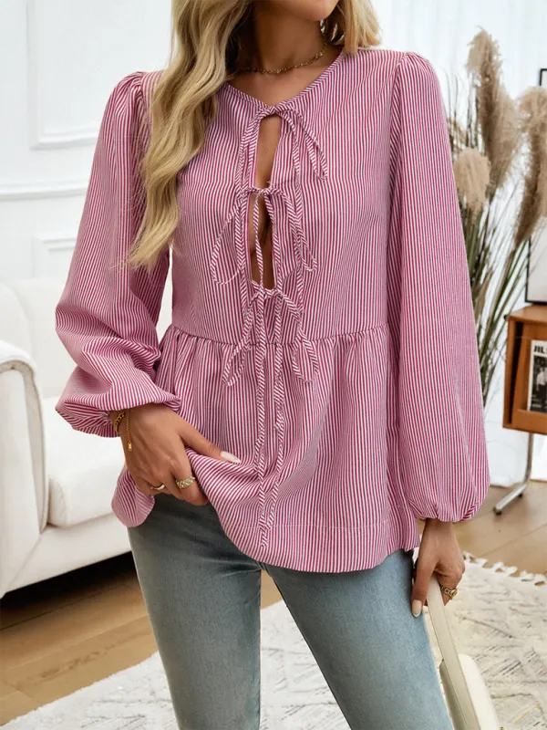 Brenna Women's Casual Loose Striped Lace-Up Shirt