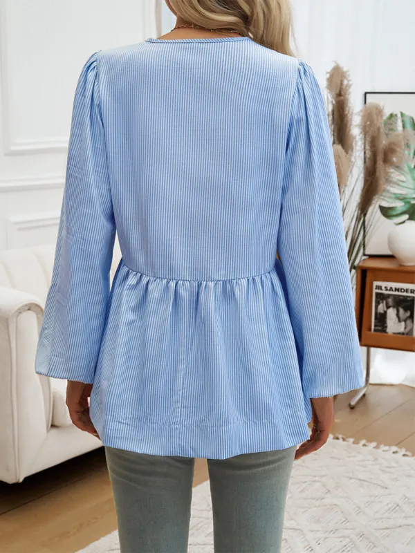 Brenna Women's Casual Loose Striped Lace-Up Shirt