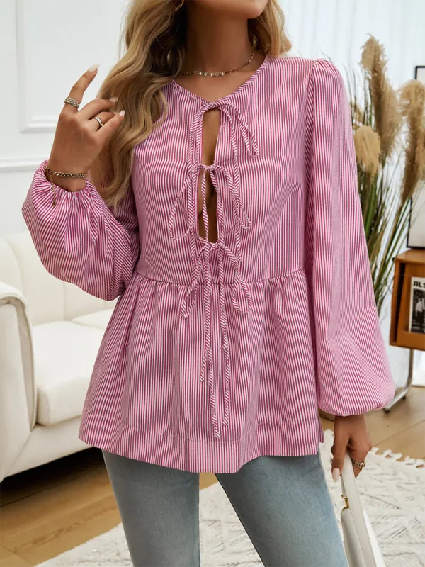Brenna Women's Casual Loose Striped Lace-Up Shirt
