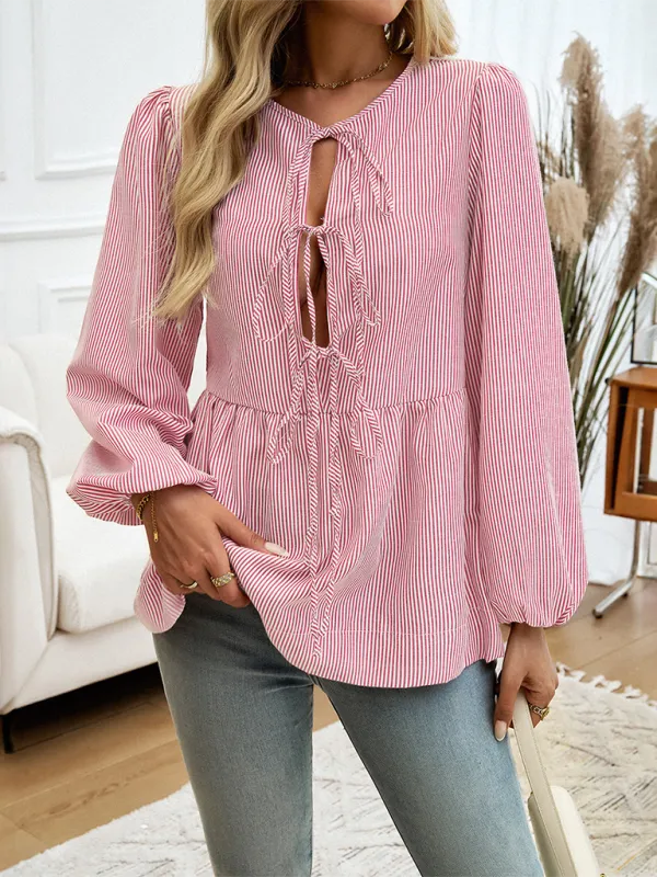 Brenna Women's Casual Loose Striped Lace-Up Shirt