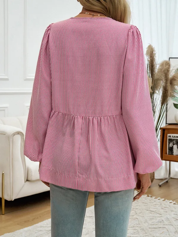 Brenna Women's Casual Loose Striped Lace-Up Shirt