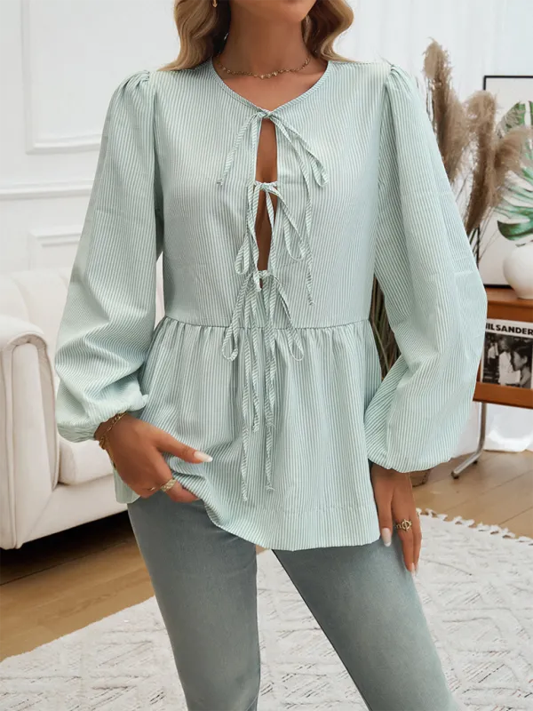 Brenna Women's Casual Loose Striped Lace-Up Shirt