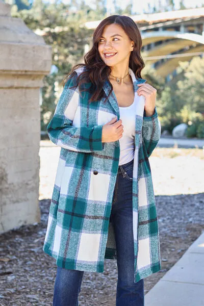 Double Take Plaid Button Down Lapel Collared Coat