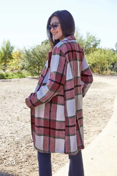 Double Take Plaid Button Down Lapel Collared Coat