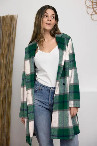 Double Take Plaid Button Down Lapel Collared Coat