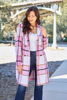 Double Take Plaid Button Down Lapel Collared Coat