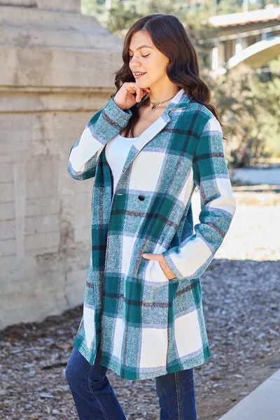 Double Take Plaid Button Down Lapel Collared Coat