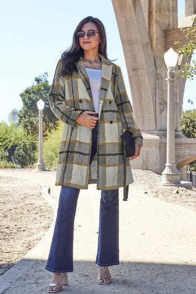 Double Take Plaid Button Down Lapel Collared Coat