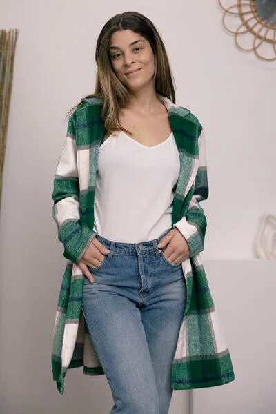 Double Take Plaid Button Down Lapel Collared Coat