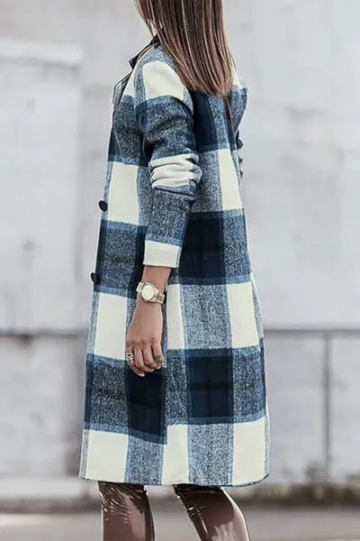 Double Take Plaid Button Down Lapel Collared Coat