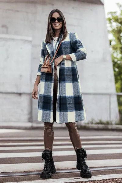 Double Take Plaid Button Down Lapel Collared Coat