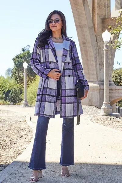 Double Take Plaid Button Down Lapel Collared Coat