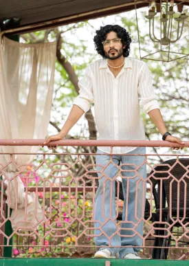 Firangi Yarn Relaxed Spread Collar Semi Sheer Satin Striped Mens Party Shirt - White