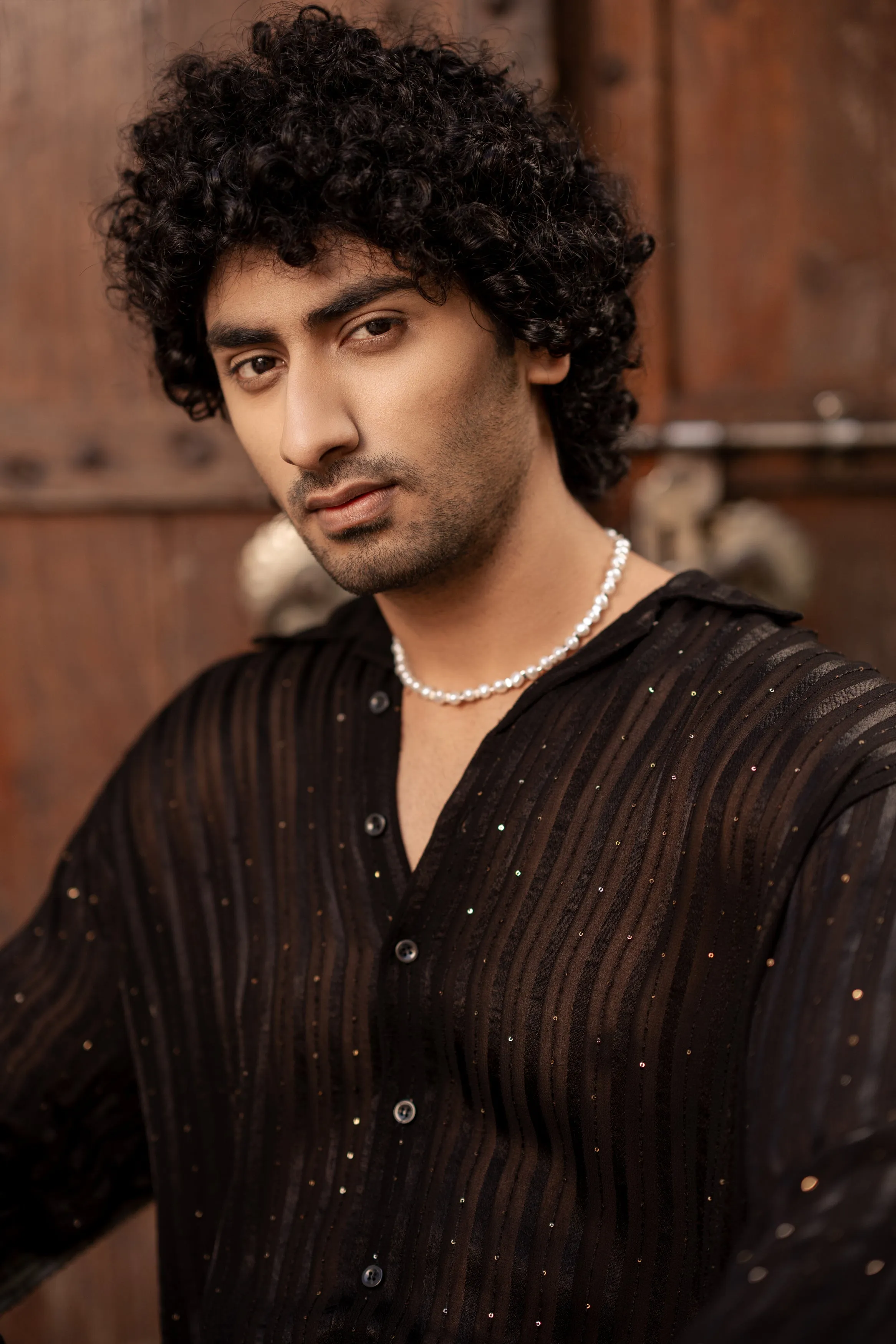 Firangi Yarn Relaxed Spread Collar Semi Sheer Satin Striped Party Shirt - Black
