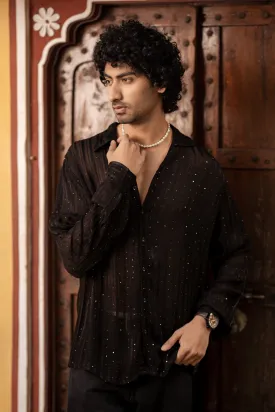 Firangi Yarn Relaxed Spread Collar Semi Sheer Satin Striped Party Shirt - Black