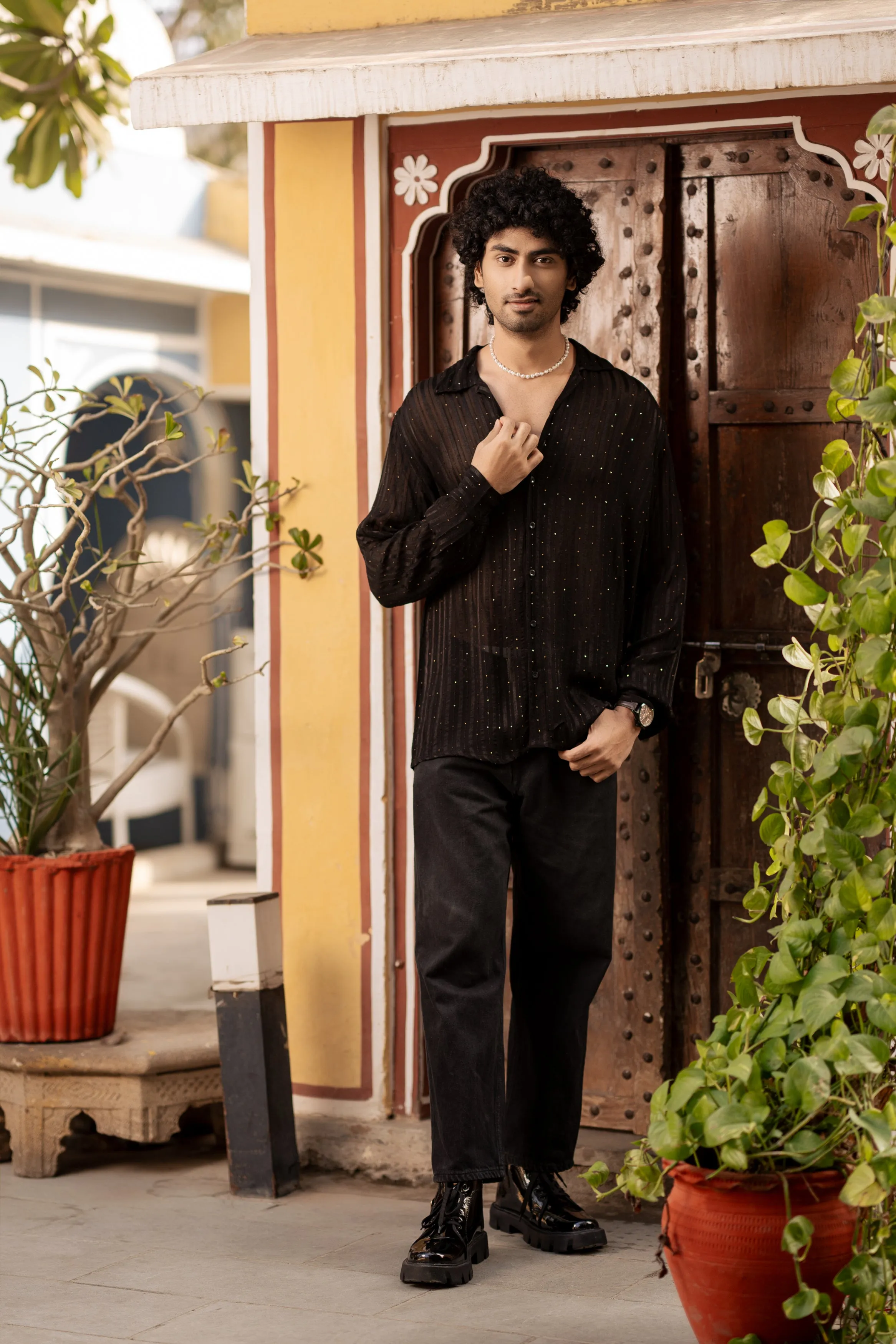 Firangi Yarn Relaxed Spread Collar Semi Sheer Satin Striped Party Shirt - Black