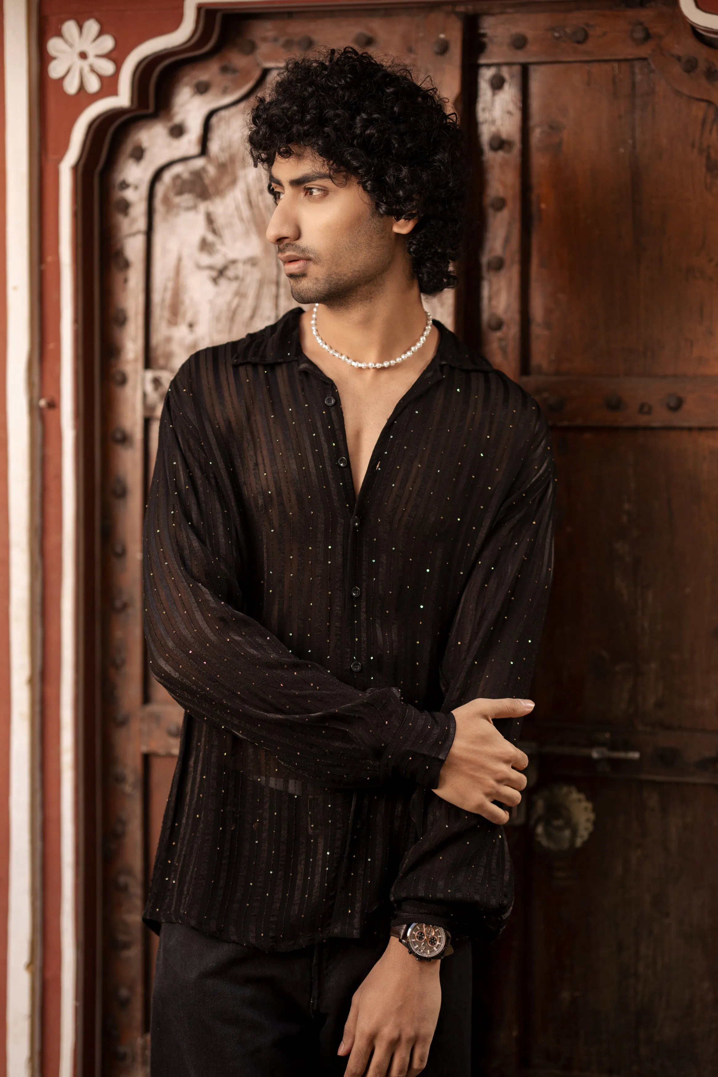 Firangi Yarn Relaxed Spread Collar Semi Sheer Satin Striped Party Shirt - Black