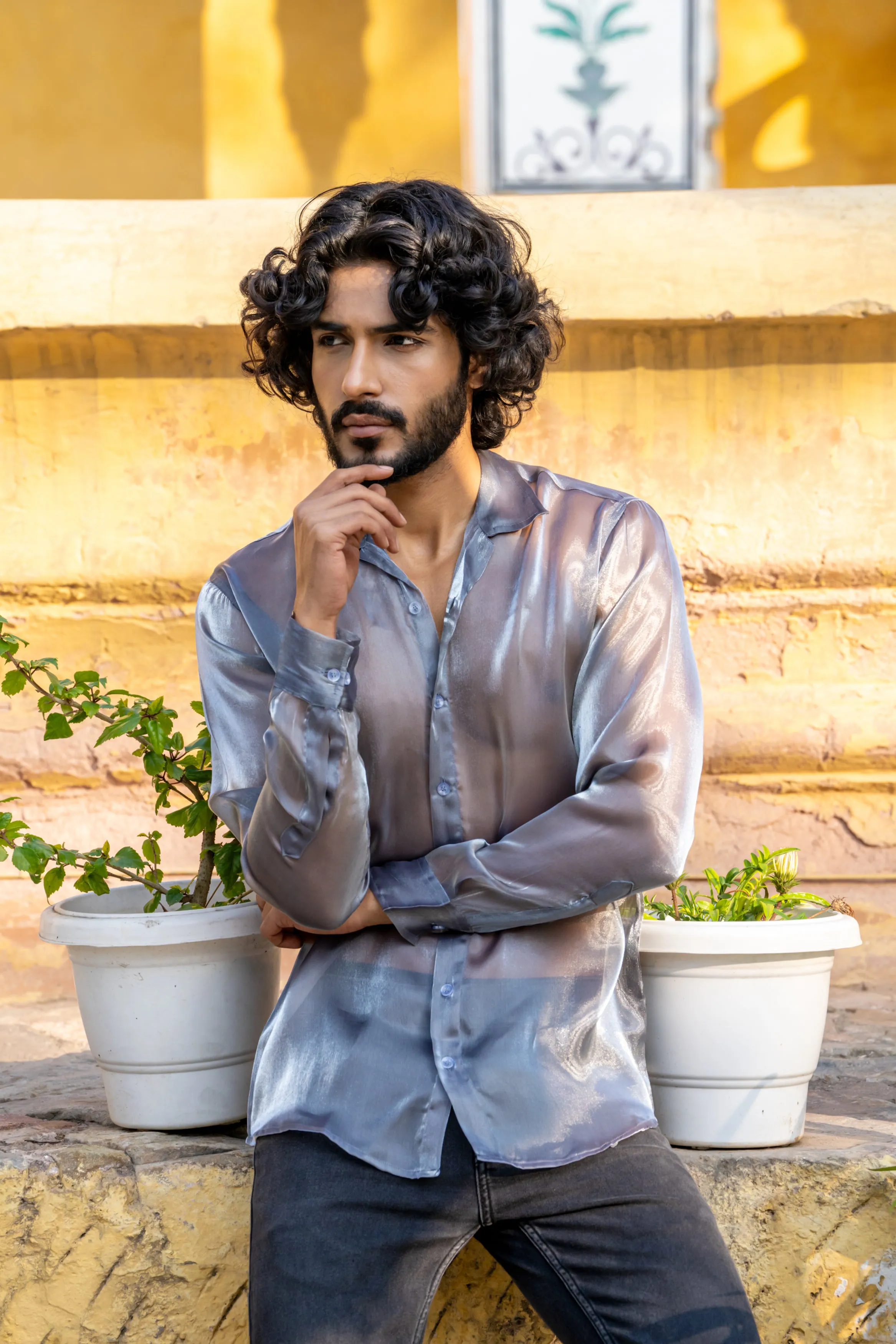 Firangi Yarn Spread Collar Sheer Shimmer Tissue Silk Party Shirt - Chrome Dust