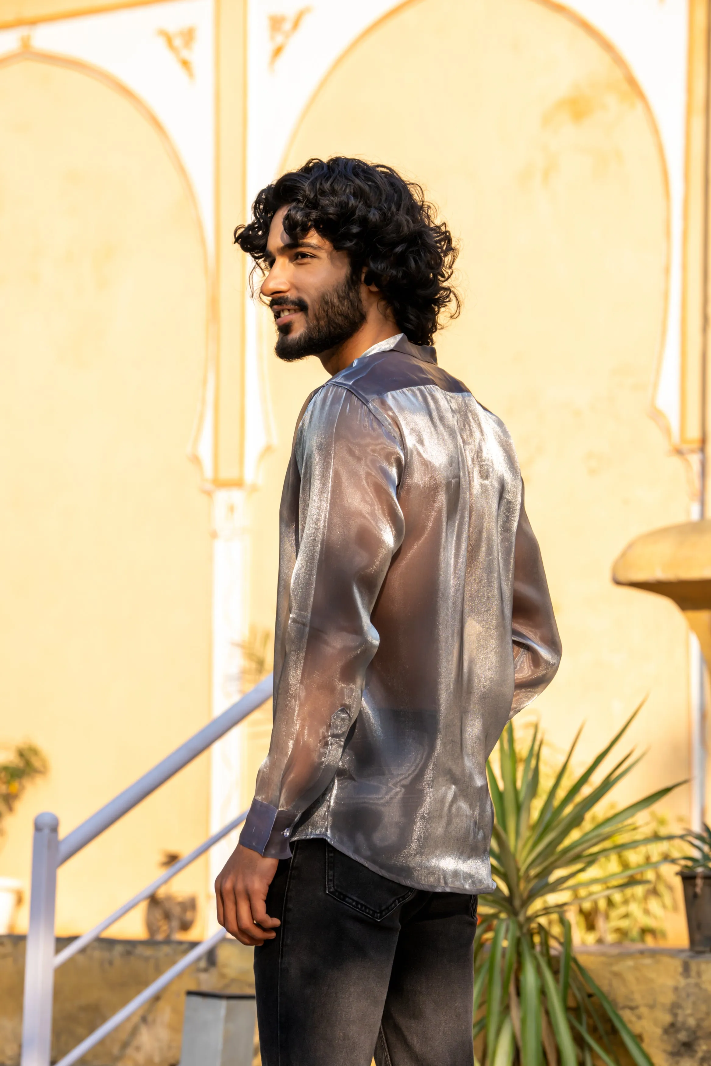 Firangi Yarn Spread Collar Sheer Shimmer Tissue Silk Party Shirt - Chrome Dust