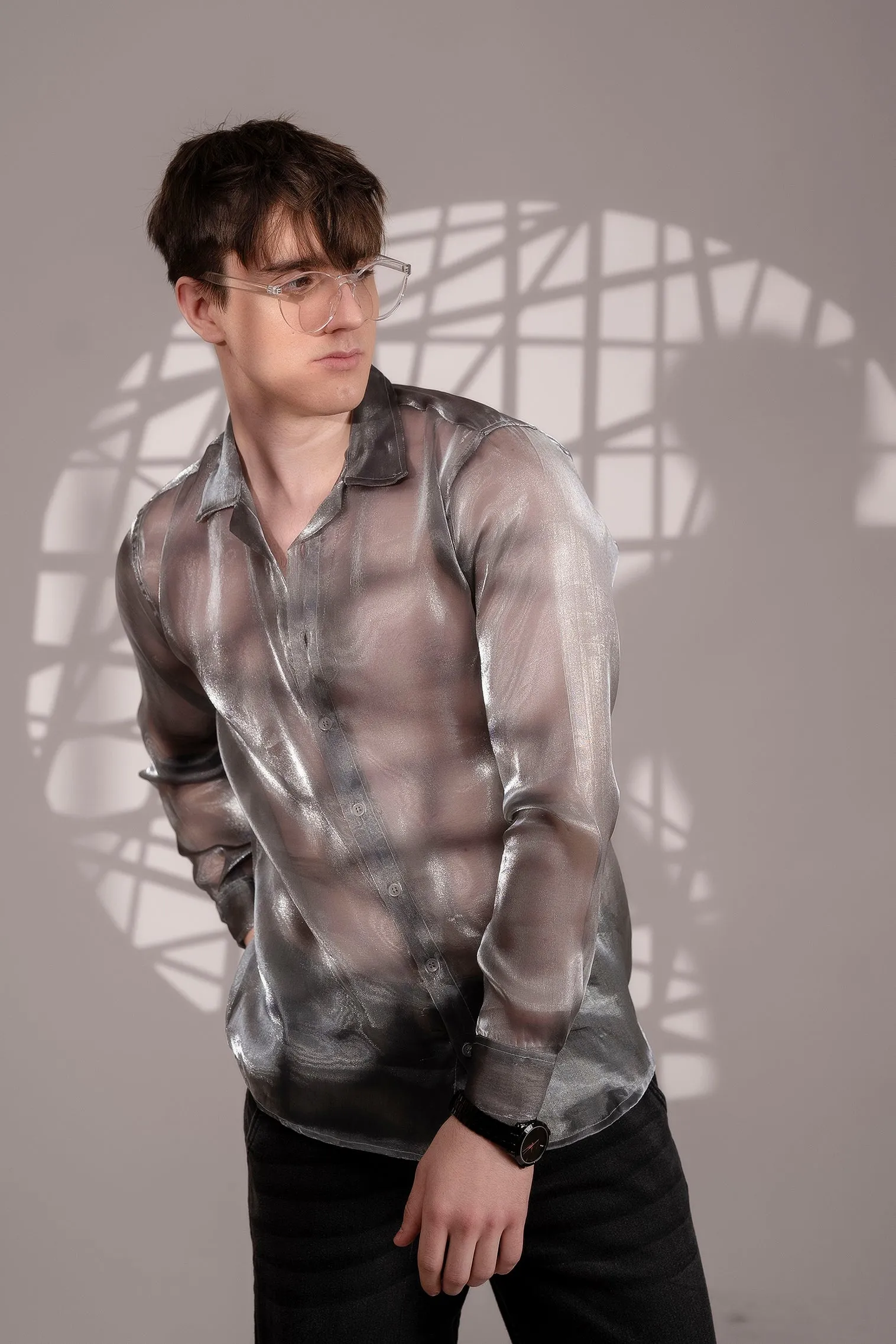 Firangi Yarn Spread Collar Sheer Shimmer Tissue Silk Party Shirt - Chrome Dust