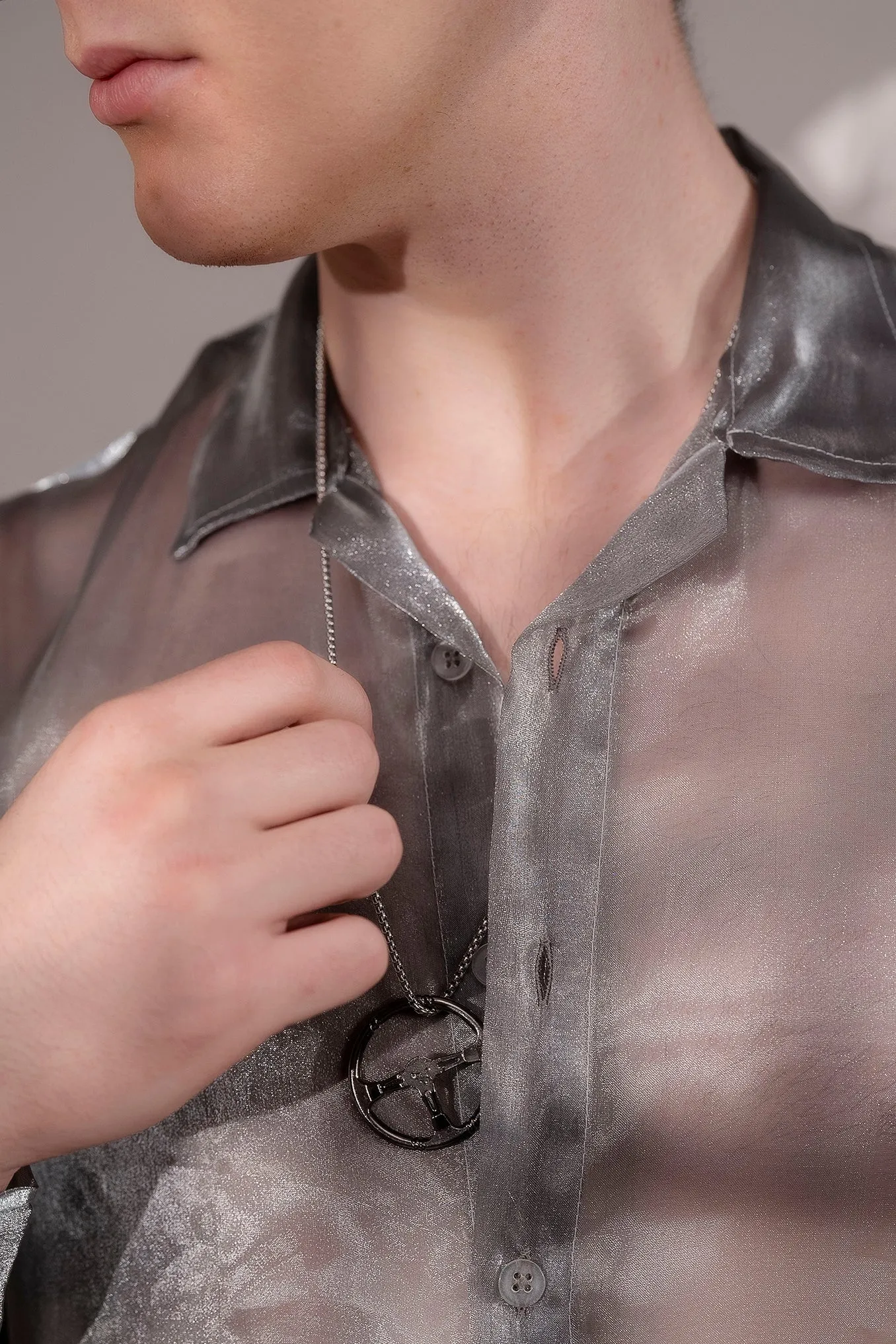 Firangi Yarn Spread Collar Sheer Shimmer Tissue Silk Party Shirt - Chrome Dust