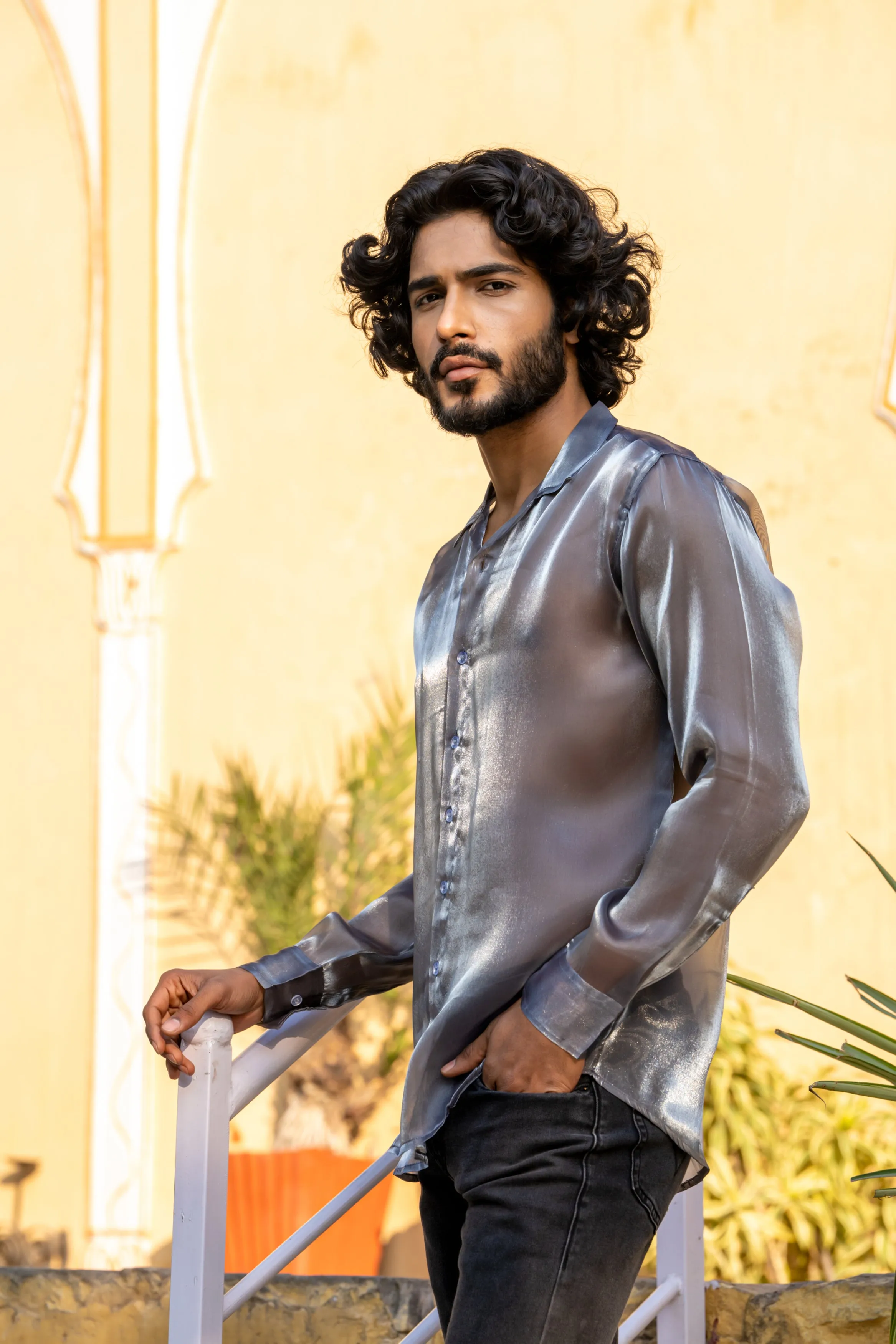 Firangi Yarn Spread Collar Sheer Shimmer Tissue Silk Party Shirt - Chrome Dust