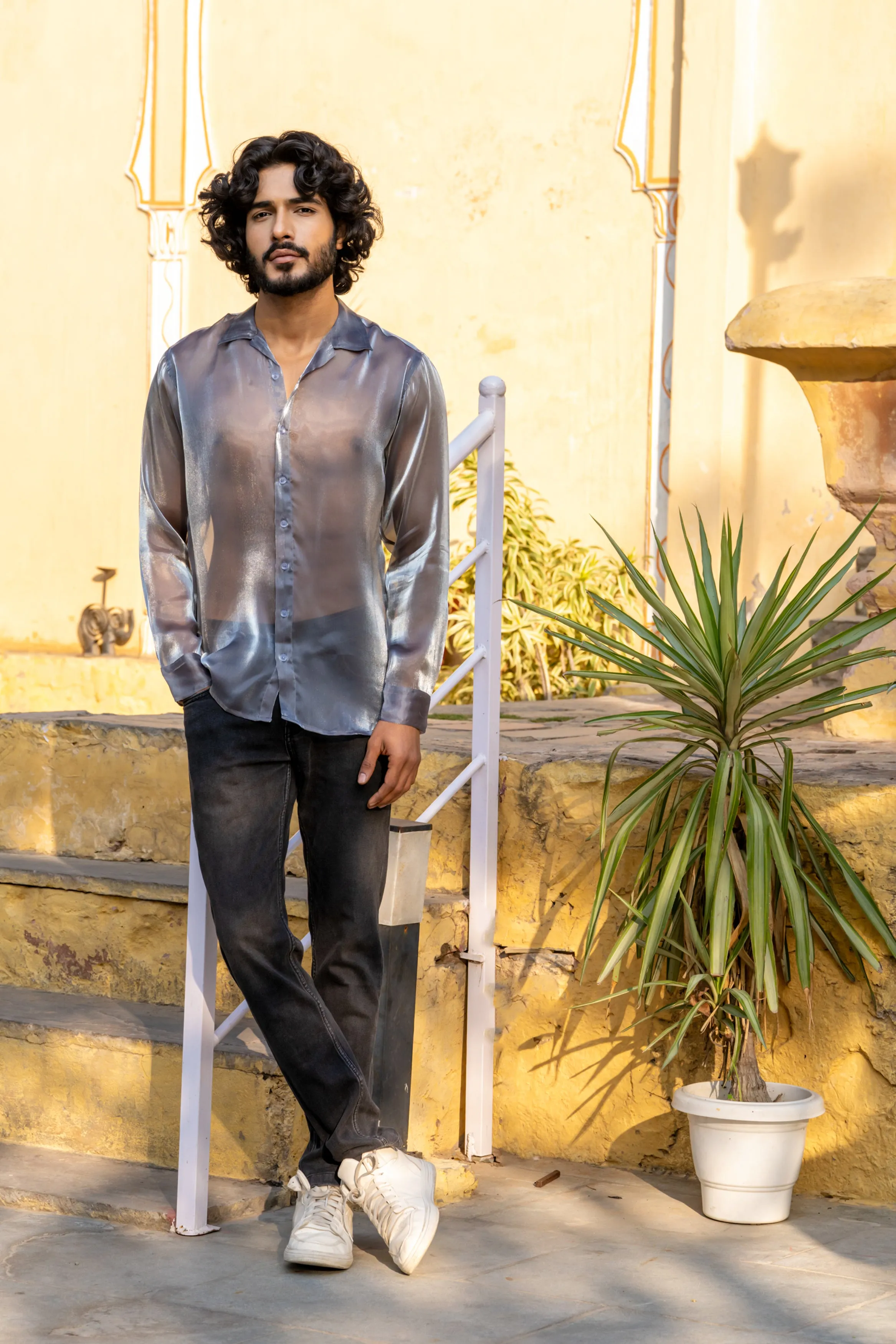 Firangi Yarn Spread Collar Sheer Shimmer Tissue Silk Party Shirt - Chrome Dust