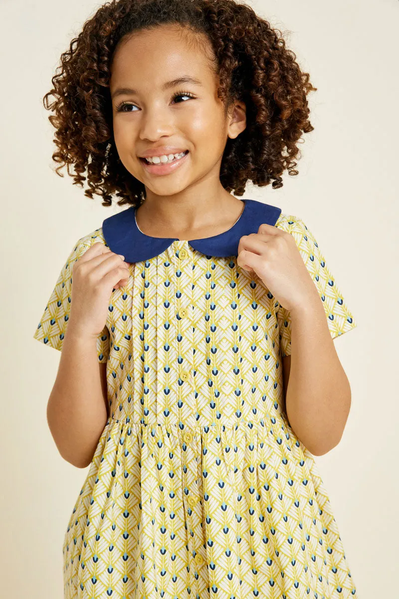Girls Printed Round Collar Babydoll Dress